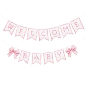 2pcs Welcome Baby Banner, Pre-Strung Pink Bow Welcome Baby Sign Hanging Banner Perfect Decorations and Photo Props for Girls Babies Shower Gender Reveal Party