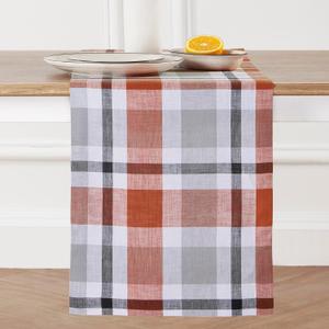 2 x Solino Home Pure Linen Cinnamon Plaid Table Runner 14 x 36 Inch for Coffee Tabletop, Dresser, and Bedroom  Fall Buffalo Check