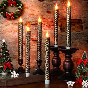 6 Pcs Black and Gold Christmas Flameless Taper Candles - 9.65 Inch Battery Operated LED Candlesticks with Flickering Flame, Elegant Xmas Table Centerpiece for Holiday Home Party Decor