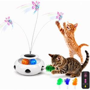 3-in-1 Interactive Cat Toy with Remote Control, Butterfly Wand & Automatic retractable feathers & Rolling Ball Track, Multi-functional Cat Toy for Indoor Cats, Suitable for Bored kitten, white