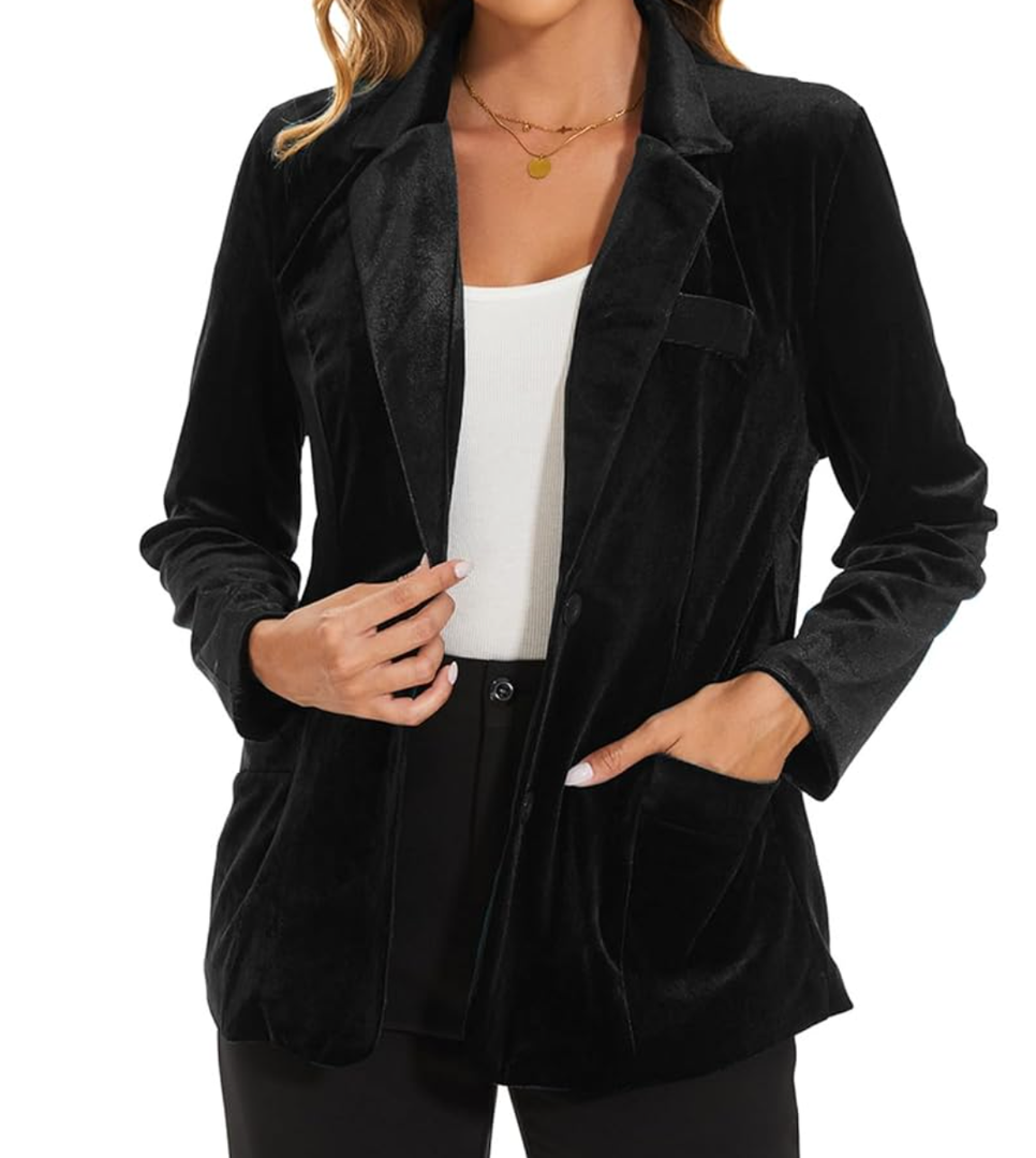 MINTLIMIT Womens Velvet Blazer Suit Jacket Casual Work Office Long Sleeve Fully Lined Blazer Jacket with Pocket Outerwear, Large, Black