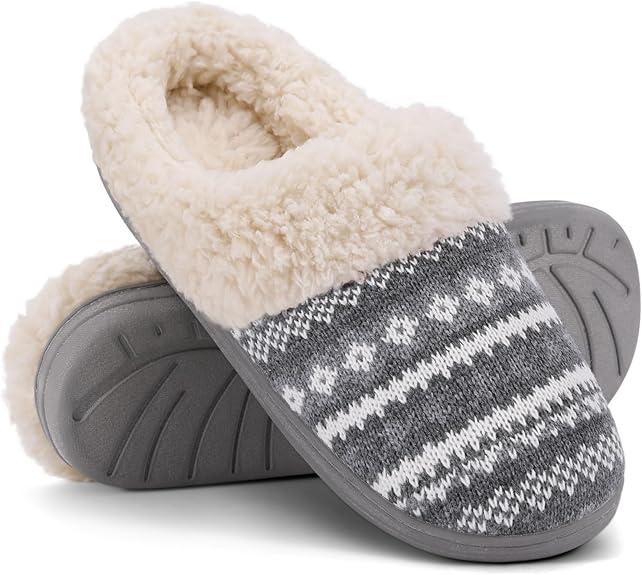 Warm Knit House Slippers for Women Comfy Fleece Lined Winter Slippers with Memory Foam and Indoor Outdoor Soles ,Size 11-12