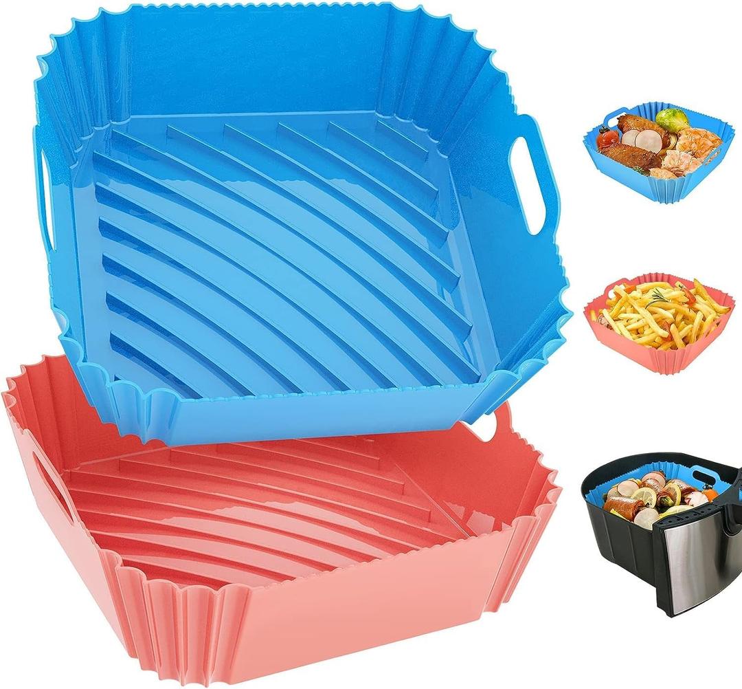 Air Fryer Silicone Liners Square 2 Pack 7.1 Inch Airfryer Liners 4-7 QT Reusable Air Fryer Liners Silicone Pot Oven Liner Baking Tray, Air Fryer Basket Silicone Mat Bowl Air Fryer Accessories Kitchen (Pink +Blue)
