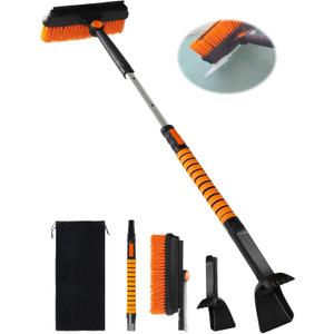 90 Fixed Rotation 3-in-1 Car Snow Brush and Ice Scraper for Cars Windshield with Silicone Squeegee Ergonomic Aluminum Foam Grip Handle 43.3" Extendable for Car Truck SUV Home Winter Snow Removal