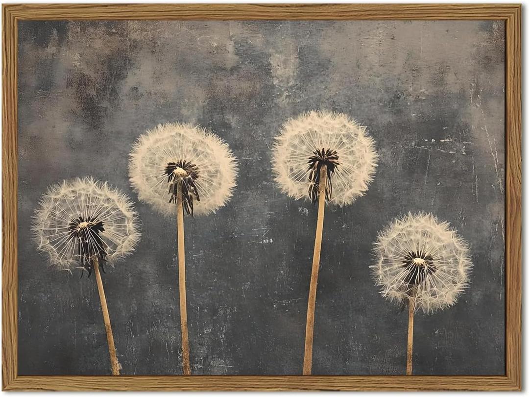 Vintage Dandelion Wall Art, Dark Floral Wall Decor Painting Moody Flower Poster Canvas Prints Picture Rustic Botanical for Living Room Bedroom Farmhouse 16x24 inch Wood Framed