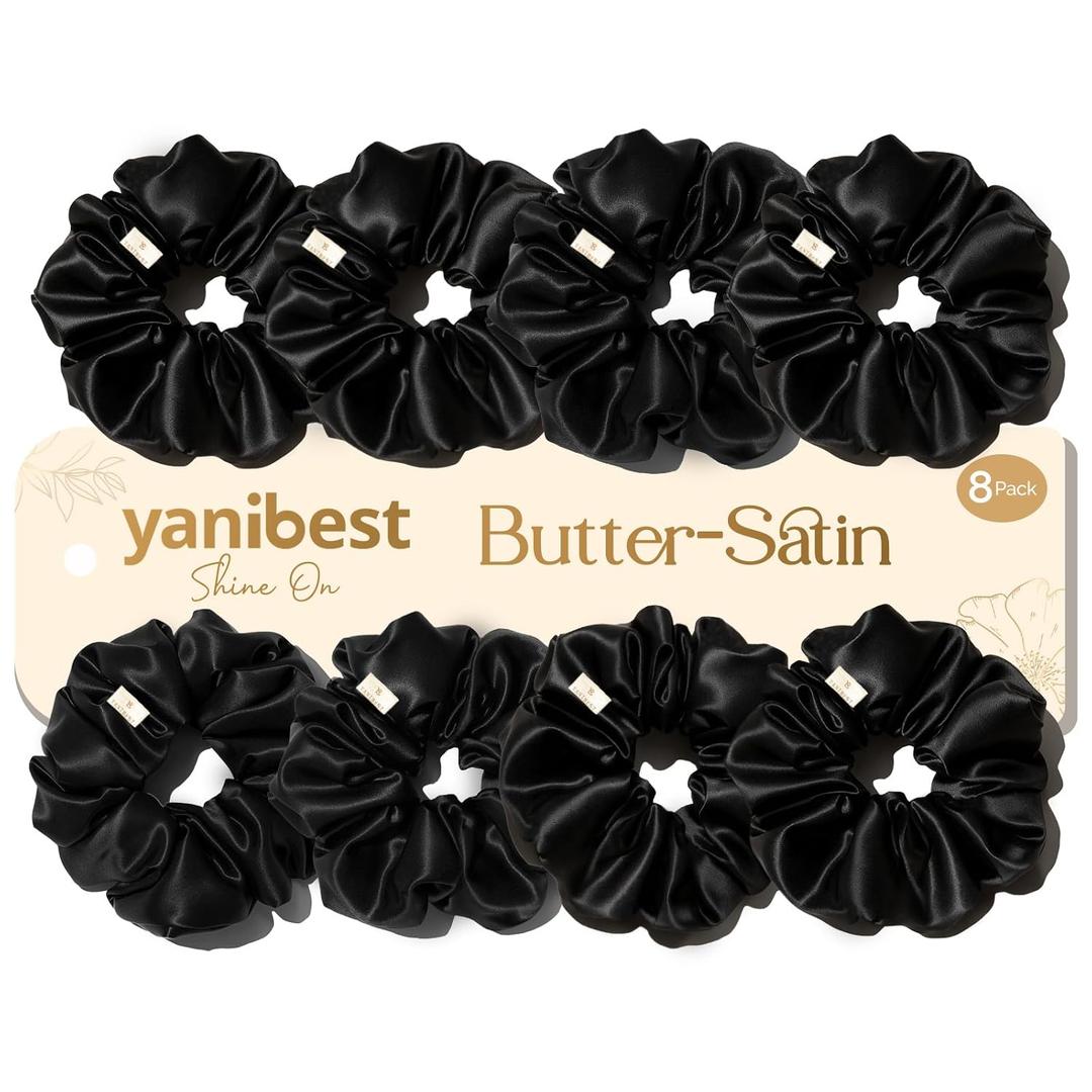 Yanibest 8 Pcs Satin Scrunchies - Silk Scrunchies Ponytail Holders, Soft Satin Hair Ties No DamageHair Accessories for Women Girls (Black)