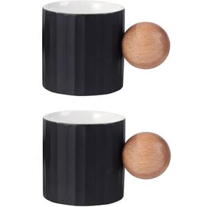 2 x Ceramic Espresso Cups Set of 2, 2 oz Mini Espresso Cups, Round Wooden Handle Stripes Demitasse Cups for Tea or Coffee (2, Black)