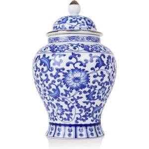 Chinoiserie Blue White Ginger Jars,7.6" Ceramic Decorative Ginger Jar With Lid,Porcelain Vases Decor for Living Room,Bedroom -Medium (Lotus)