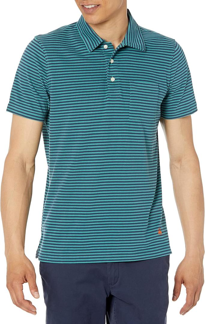 Brooks Brothers Men's Cotton Jersey Feeder Stripe Short Sleeve Polo (Small, Green/Navy)