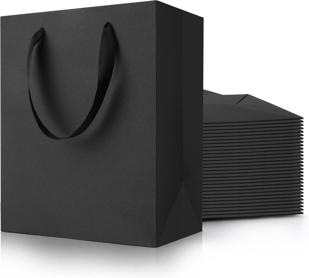 PrimeSign Black Gift Bags With Handles: 8x5x10 Inch 50 Pack Medium Paper Bags Bulk For Party Shopping Wedding Birthday Graduation Fathers Day
