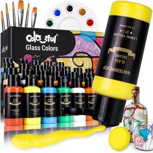 Colorful Stain Glass Paint Set with 6 Brushes, 1 Palette & 1 Sponge, 26 Colors Waterproof Permanent Glass Painting Kit for Arts on Glasses,Bottle and Windows