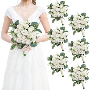 Bridesmaids Bouquets for Wedding - Set of 6 Realistic Artificial Rose Eucalyptus Silk Bride Flowers for Bridal Shower Ceremony Decorations - Ivory White