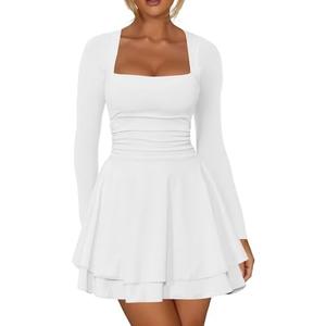 Kaximil Women's Square Neck Ruffle Hem Mini Dress Ruched Waist Long Sleeve Corset Short Party Dresses, Large