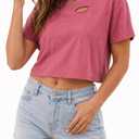 JDEEO Women Vintage Washed Distressed Cut Out Crop Short Sleeve T-Shirt (Pink, XL)