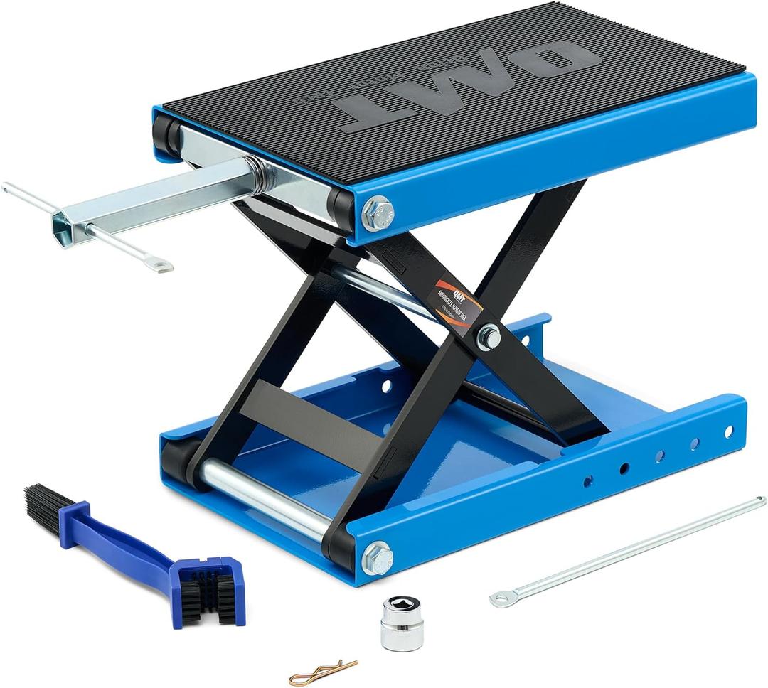 Orion Motor Tech Motorcycle Lift, 1100lb Motorcycle Scissor Lift Jack with Wide Deck T Handle 3/8" Socket, Motorbike Center Stand with Chain Brush, Crank Hoist Stand for ATV Dirt Bike Cruiser, Blue