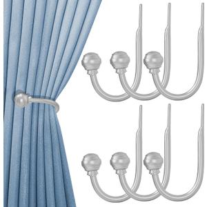 Hion Curtain Holdbacks Silver 6pcs, Curtain Tiebacks Wall Mounted Curtain Hooks Holders for Drapes (Ball-6pcs)