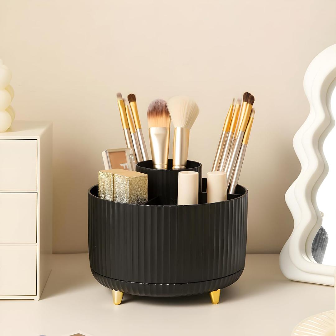 Makeup Brush Holder Organizer,360 Rotating Makeup Brush Organizer,5 Slot Make up Brushes Cup for Cosmetics, Nail Polish, Art Supply, Bathroom Vanity Desktop Organizer - Black