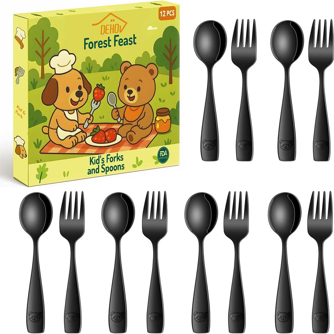 DEHOV Black Toddler Eating Utensils Set,Set Of 12 Food Grade Stainless Steel Silverware Sets For Kids,Dishwasher Safe Children Small Metal Spoons And Forks Flatware Sets