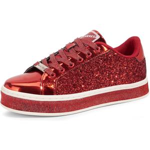 LUCKY STEP Women's Platform Glitter Sneakers | Sparkly Bling Shiny Dressy Bedazzled Wedding Bridal Fashion Walking Shoes (9, Red)