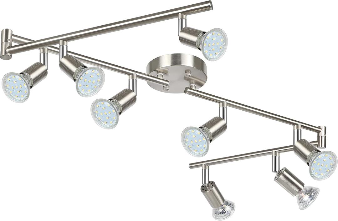 Unicozin LED Track Lighting Kit, Matt Nickel 8 Way Ceiling Spot Lighting, Flexibly Rotatable Light Head, Modern Track Light Included 8 x LED GU10 Bulb (4W, Daylight White, 400LM)