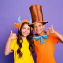 3Pcs Brown Top Hat Costume Kit Brown Stovepipe Hat Blue Bow Tie Ears and Bull Horns Headband for Halloween Cosplay Supplies