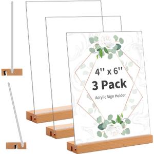 Smarpau 4x6 Acrylic Sign Holder with Wood Base, 3 Pack L/T Shape 2 in 1 Table Sign Stand Vertical or Slant Back Display, Photo Picture Frame, Menu Holder for Restaurant, Office, Store, Wedding