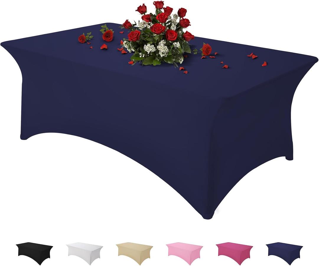 Famstar Table Cloth Navy Blue 8FT Spandex Tablecloth for Rectangle Fitted Table Cloths Stretch Covers Washable Wrinkle Free Tablecloths for Festival Camping Picnic Wedding Party