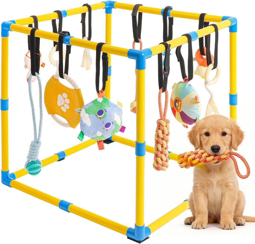Puppy Play Gym for Small Dogs, 23.6"x 23.6" Large Indoor Dog Jungle Gym with 12 Hanging Toys& Non-Slip Pads, Adjustable PVC Frame, Enrichment & Training Activity Center