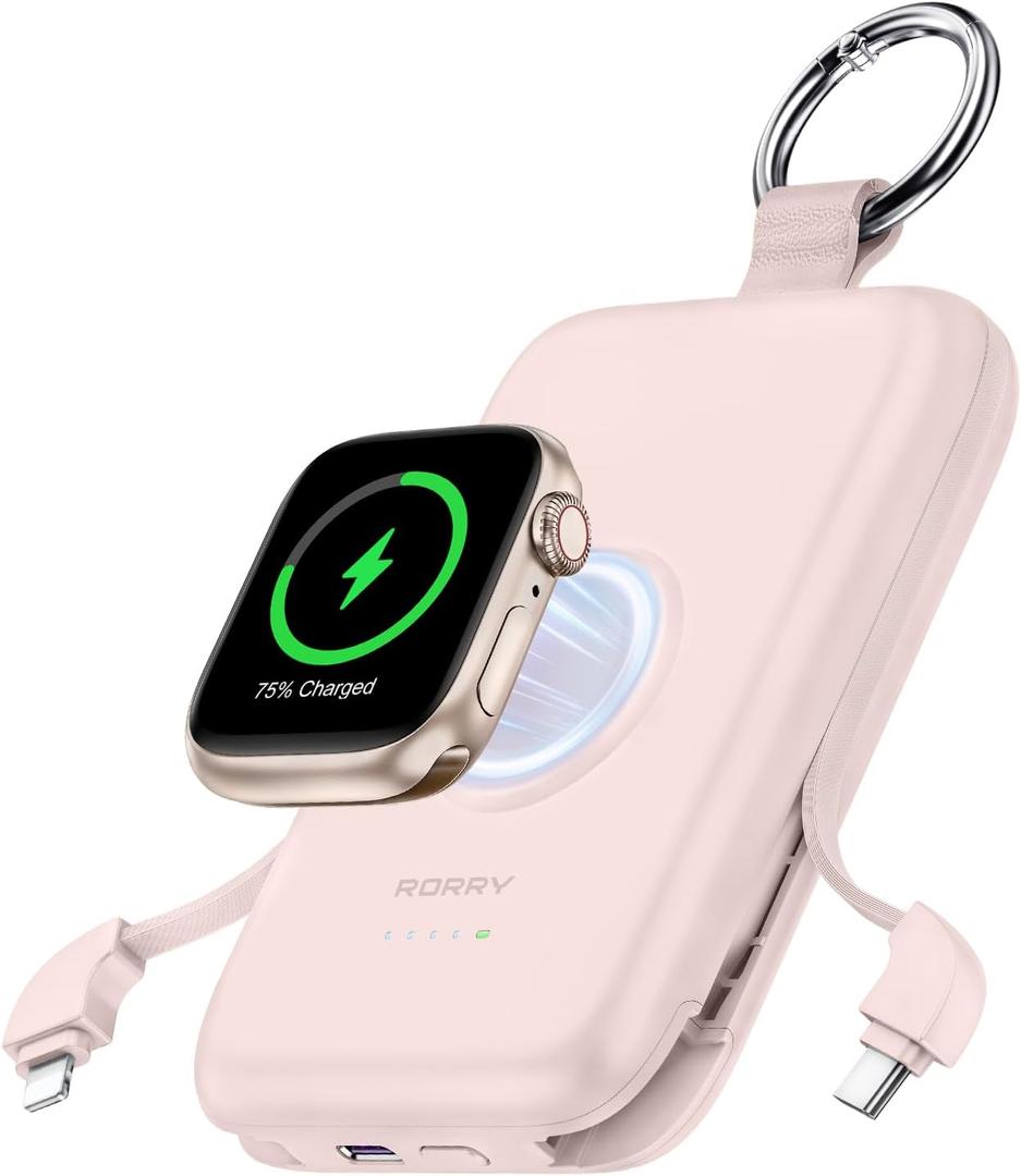 RORRY Portable Charger, 10000mAh PD 20W Fast Charging Portable Charger Power Bank with Built in Cables, Travel Battery Pack for iPhone and Apple Watch Ultra/11/10/9/8/7/6/5, Pink