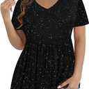 RITERA Ladies Plus Size Tops Short Sleeve Black Sequin Tunic Oversized Casual Summer Henley Shirts Loose Fit Pullover Spring Blouses Flowy Paillette Shirts Casusal Tshirts 3X 3Xl 22W 24W