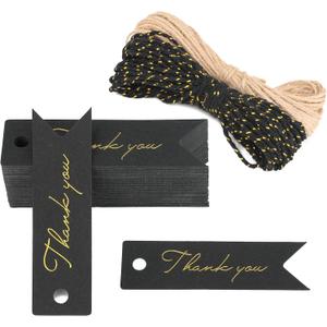 G2PLUS High-end Metallic Gold Thank You Tags, 100PCS 2.8'' x 0.8'' Gift Tags with String for Arts and Crafts,Gift Wrapping (Black)