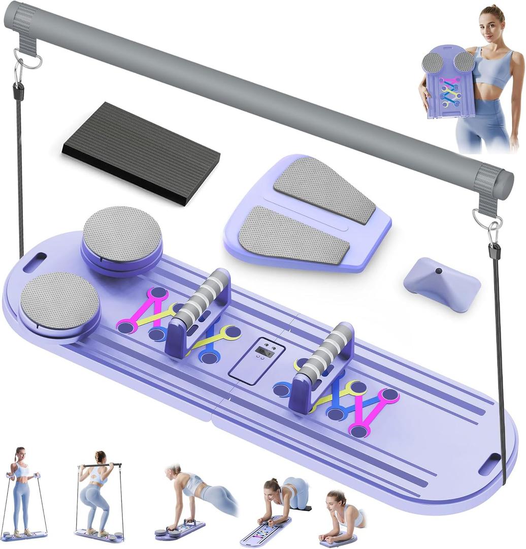 Pilates Board Pilates Reformer Set, Multifunctional Abdominal Pilates Board for Home Workout, 15-in-1 Foldable Ab Core Trainer Board, Solid Pilates Reformer Set for Full-Body Exercise Purple Pilates Board