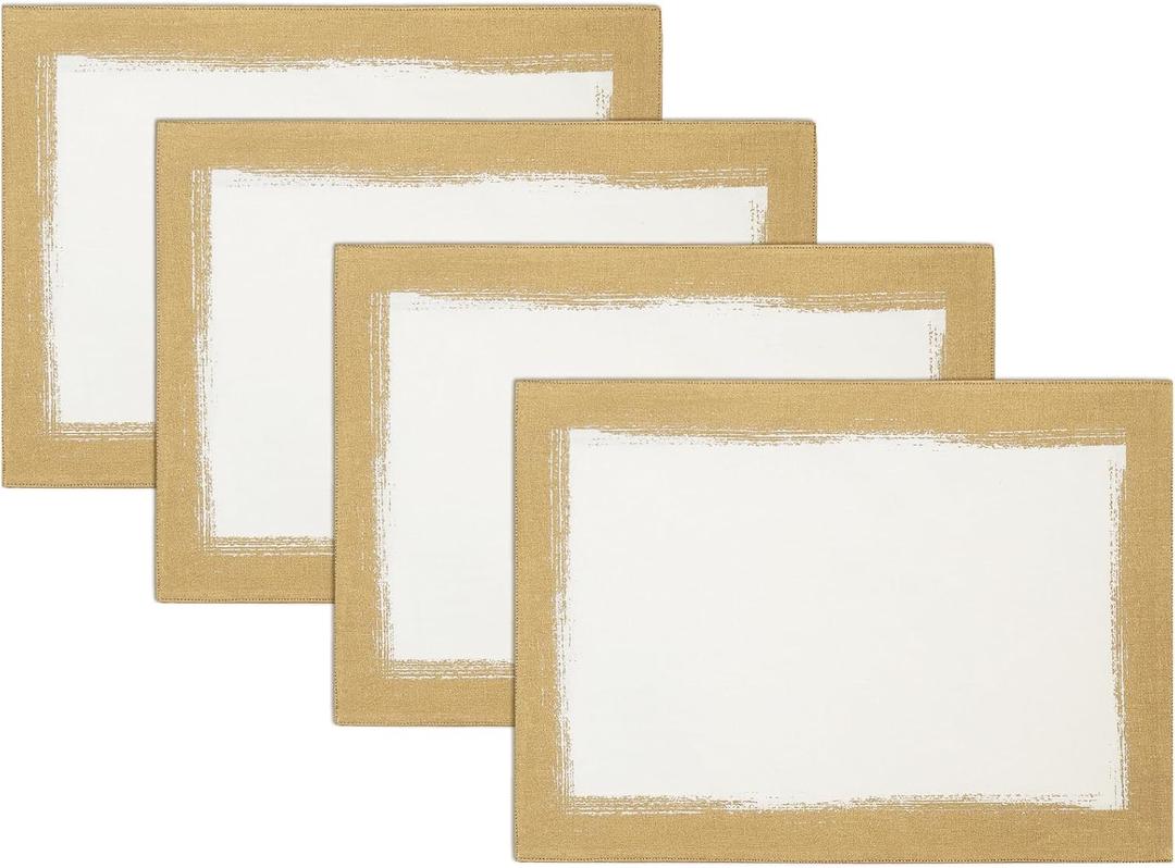 Villeroy & Boch Metallic Brushstroke Modern Linen Blend Placemat Set, 14 Inches x 20 Inches, Set of 4, Ivory and Gold
