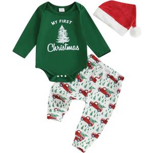 Baby Boy Christmas Outfit My First Christmas Long Sleeve Bodysuit Pants Santa Hat 3-Piece Clothes Set (Green)