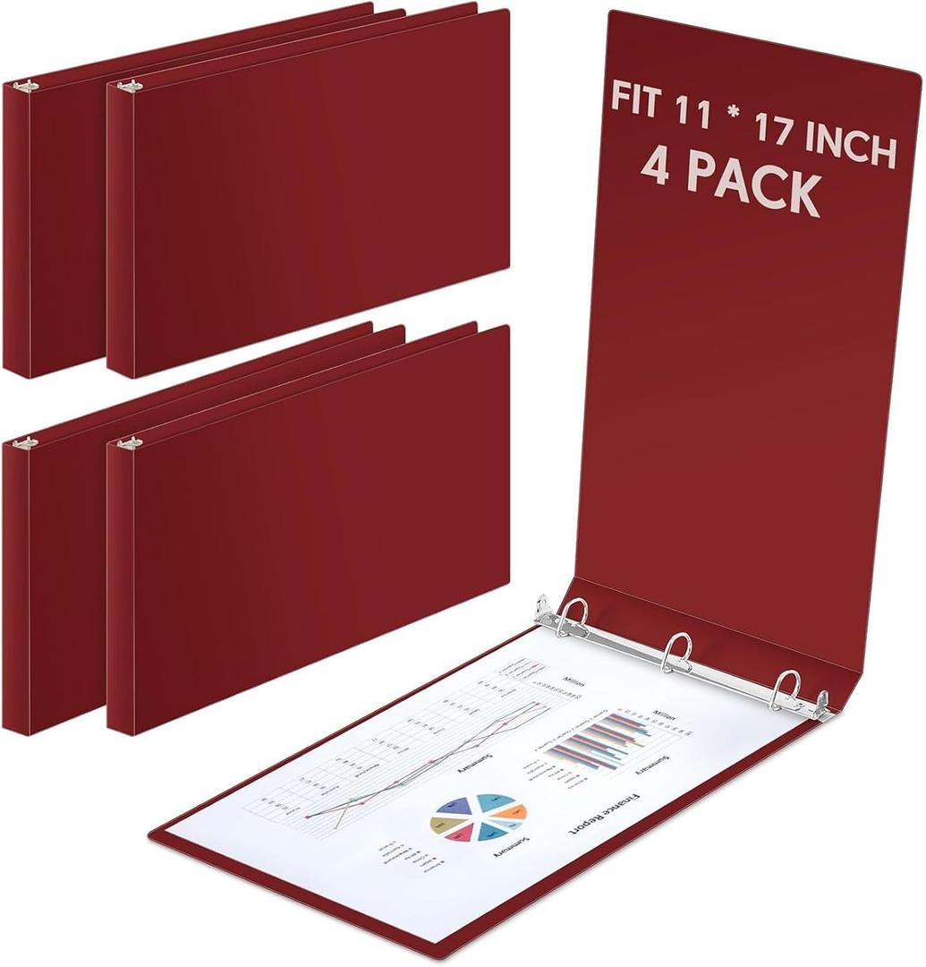 4 Pcs 3 Ring 11 X 17 Inch View Binders 0.5 Inch Rings, Red