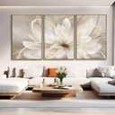 SOUGUAN Living Room Decor White Flower Artwork Gold Canvas Wall Art Abstract Line Painting for Bedroom Kitchen Dining Room Home Wall Decor 26"x40"x 3 Pieces