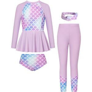 GRACE KARIN Girls Long Sleeve Swimsuit Mermaid Bathing Suit Rash Guard Swimwear 4 Piece Size 8 (Purple)