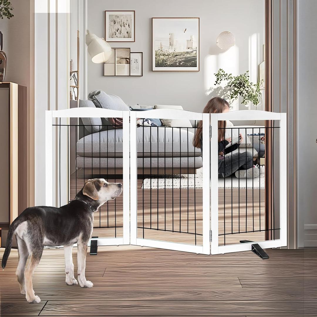 Freestanding Dog Fence Indoor Foldable Long Dog Gate for Doorways Stairs or Hallways Extra Wide Wood Pet Gate, White Puppy Gate, Gate for Dogs, Cedar,32 "Height-3 Panels