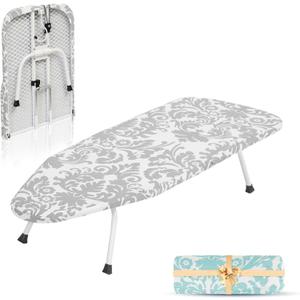 STORAGE MANIAC Tabletop Ironing Broad, All Iron Frame Mini Folding Ironing Broad with 2 Removable Cover, Portable Small Ironing Broad with 7 mm Thick Pad for Laundry Room, Dorms - Silver & Blue Flower