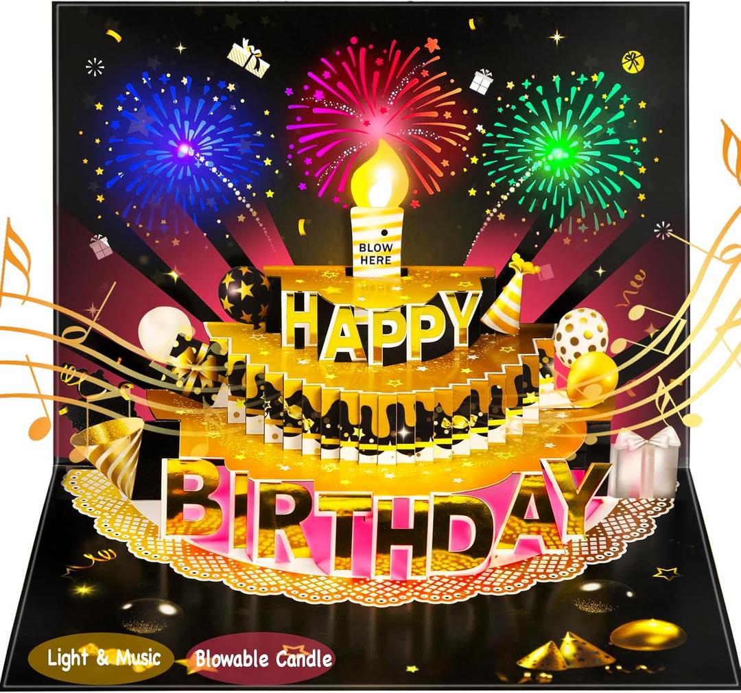 Pop Up Birthday Cards for Men - LED Light & Music with Blow The Candle, 3D Balloons, Singing Happy Birthday gifts Card for Husband - Women, Kids, Son, Her, & Dad