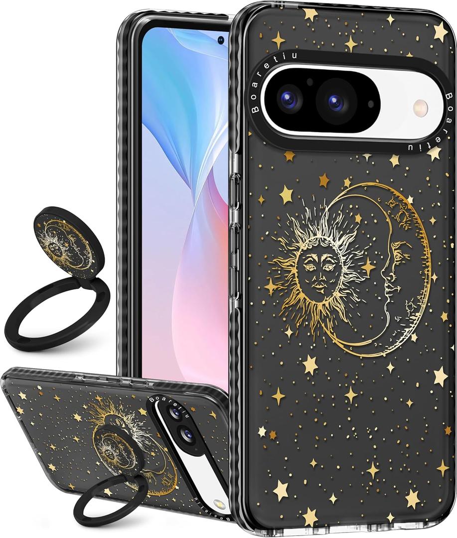 Boaretiu Cute Kawaii Case for Google Pixel 9/9Pro Phone Case with Kickstand - Fashion 360 Sticky Rotate Ring Holder Design for Women Girls Girly for Google Pixel 9/9Pro Case, Sun Moon