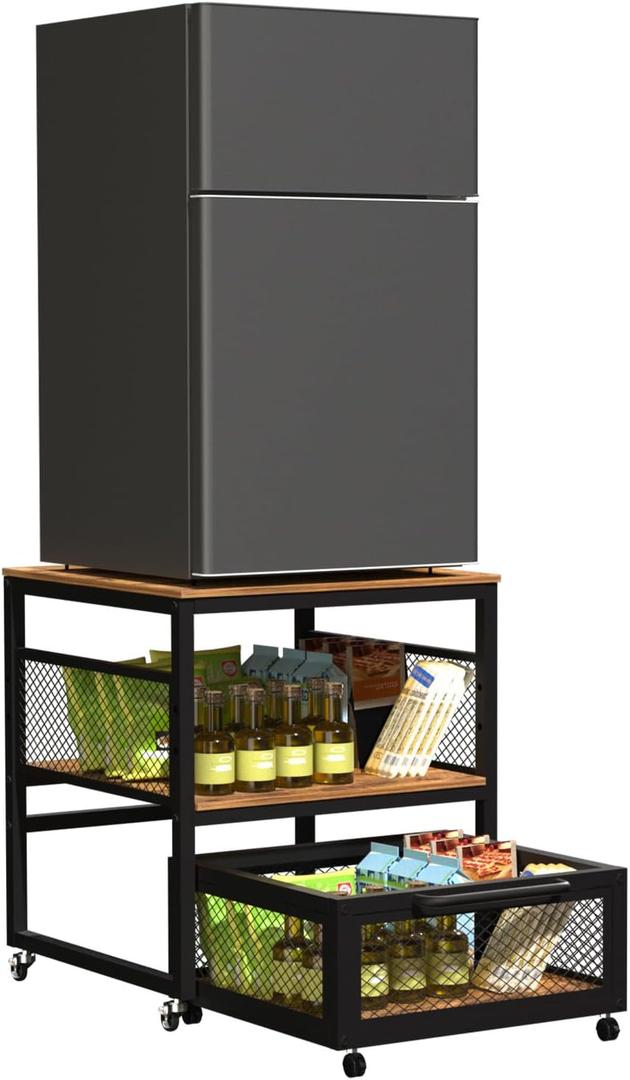 GCCSJ 20.8 x 20.8 Inch Mini Fridge Stand, Metal Frame Mobile Mini Refrigerator Stand with 360° Movable Storage Drawer, Mini Fridge Cabinet for Dorm, Home, Black