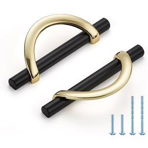 HOME EDIT Gold & Matte Black Cabinet Pulls, 3-3/4 Inch Hole Center, 96 mm, Curved Design Cabinet Handles for Kitchen,Cupboard, Drawer & Bathroom 6 Pack