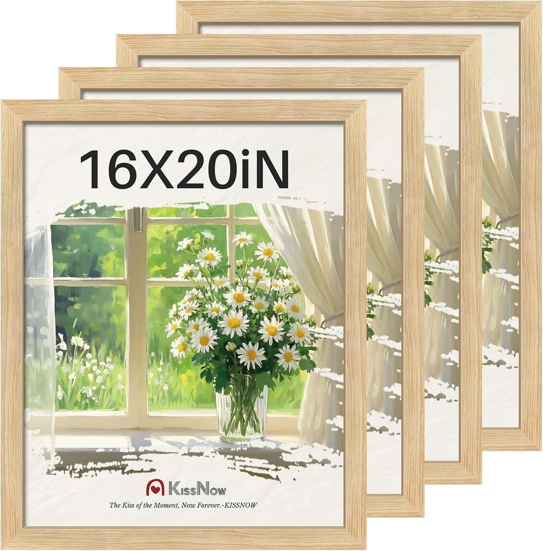16x20 Picture Frame 4 Pack, Natural Oak Wood, Wall Gallery Poster Frame