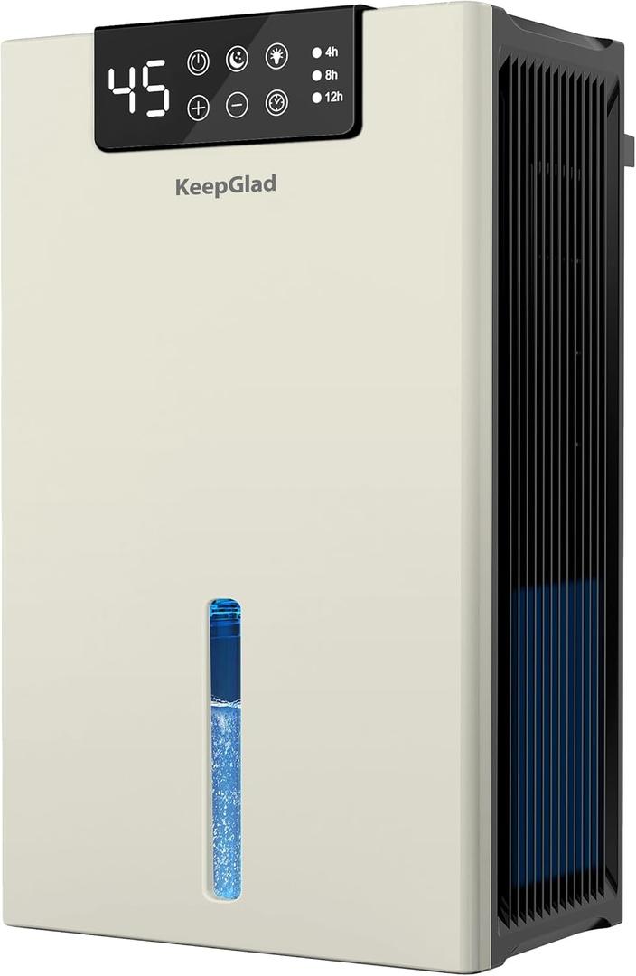 KeepGlad Dehumidifier, 98OZ Dehumidifiers for Home(1000sq.ft), Humidity Display Dehumidifier for Basement Bathroom Bedroom, Auto Shut Off, Washable Filter, Drain Hose, Timer, 7 Ambient Lights, Khaki