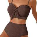 Herseas Women's Seashell Textured Bikini Sets Knotted Front 2 Piece Swimsuits Ruffle Trim Bathing Suits (Large, Brown)
