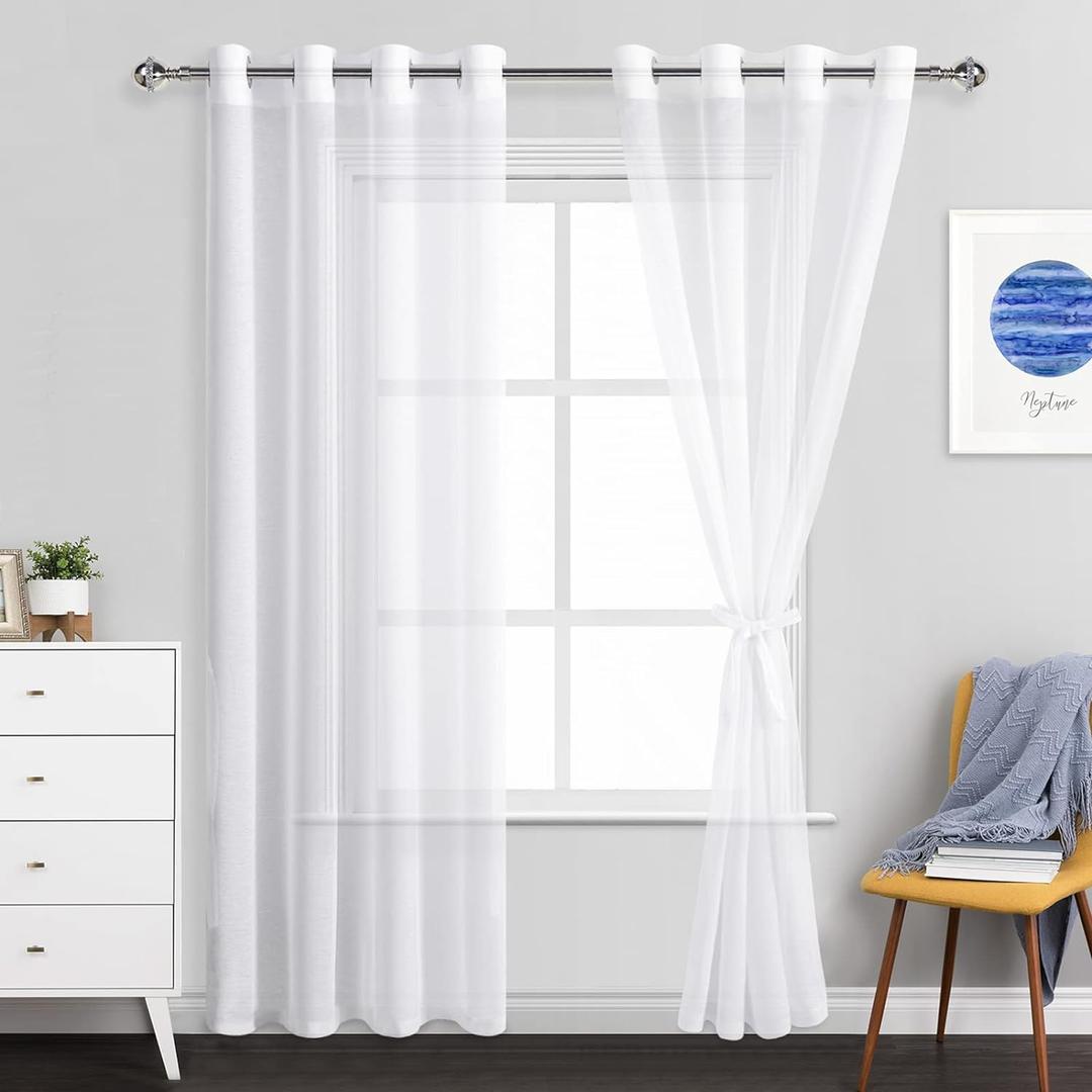 JIUZHEN White Sheer Curtains 84 Inches Long - Grommet Semi Transparent Light Filtering Window Drapes for Bedroom Living Room, 52Wx 84L, Set of 2 with Tiebacks (52"W x 84"L (Pack of 2))