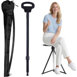 ALEVMOOM Walking Cane with Seat Folding Lightweight, 2-in-1 Cane Stool for Adults, Aluminum Walking Stick with Seat, Portable Stool for Senior, with Carry Bag (Black)