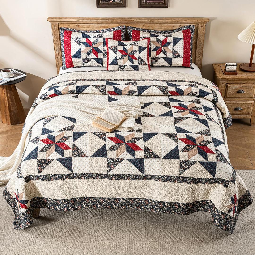 Star Patchwork Quilt Set Cal King Size Country Comforter 100% Cotton Reversible Breathable Geometric Quilted Bedspread with 2 Pillow Shams +1 Throw Pillow Cover