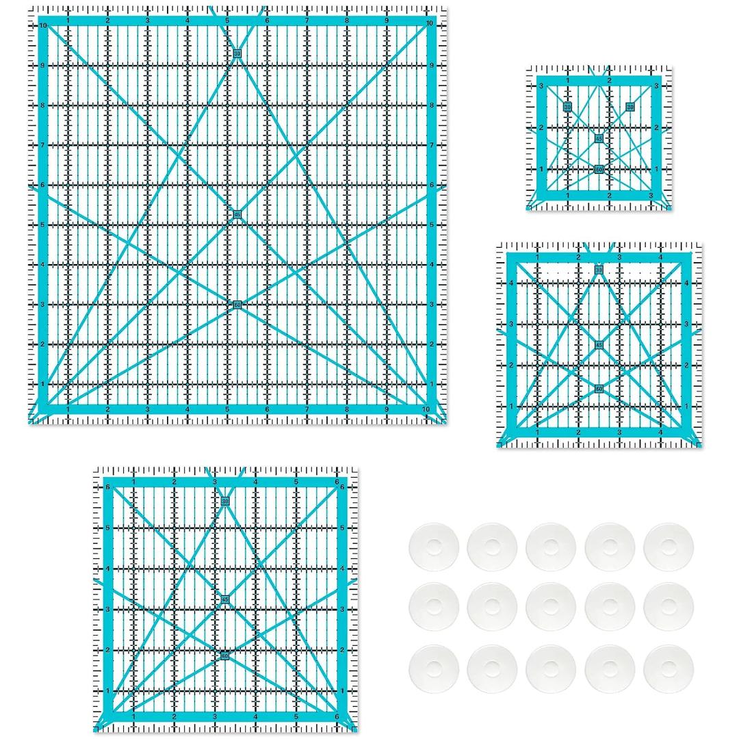 Quilting Rulers, Sewing Rulers, 4 Piece Quilting Square Templates, Acrylic Rulers with Non-Slip Rings for Sewing (3.5"X3.5", 5"X5", 6.5"X6.5", 10.5"X10.5") (Blue)